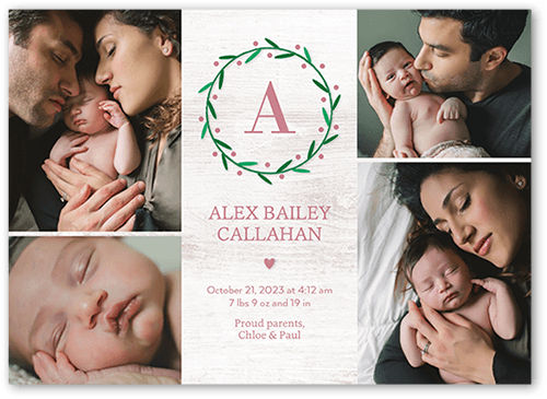 Monogram Laurel Birth Announcement, Pink, 5x7 Flat, Pearl Shimmer Cardstock, Square