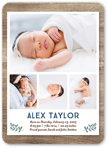 Timbered Gallery Birth Announcement, Blue, 5x7 Flat, Pearl Shimmer Cardstock, Rounded