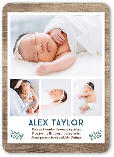 Timbered Gallery Birth Announcement, Blue, 5x7 Flat, Standard Smooth Cardstock, Rounded