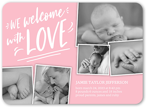 Fun Welcome Birth Announcement, Pink, 5x7 Flat, Pearl Shimmer Cardstock, Rounded