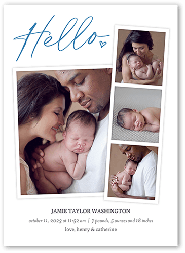 Hello Filmstrip Birth Announcement, Blue, 5x7 Flat, Signature Smooth Cardstock, Square