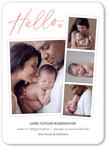 Hello Filmstrip Birth Announcement, Pink, 5x7 Flat, Pearl Shimmer Cardstock, Rounded