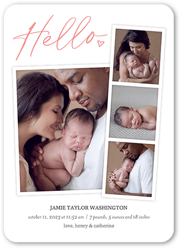 Hello Filmstrip Birth Announcement, Pink, 5x7 Flat, Signature Smooth Cardstock, Rounded