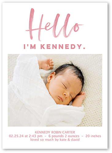 Hello Script Birth Announcement, Pink, 5x7 Flat, Standard Smooth Cardstock, Square