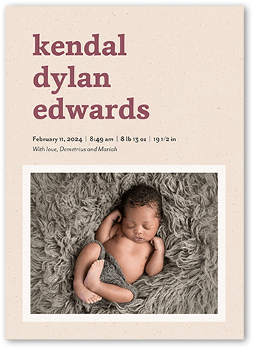 Speckled Paper Birth Announcement, Beige, 5x7 Flat, Pearl Shimmer Cardstock, Square, Cashmere Pink