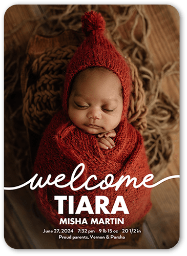 Welcome Script Birth Announcement, White, 5x7 Flat, Signature Smooth Cardstock, Rounded