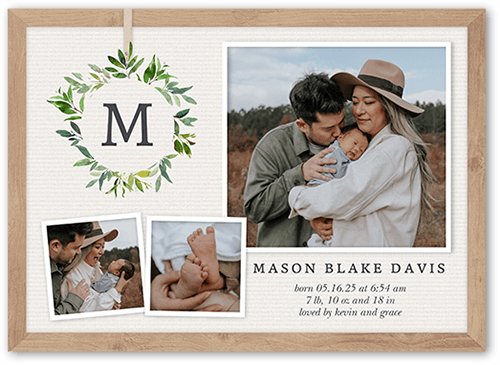 Botanical Monogram Birth Announcement, White, 5x7 Flat, Standard Smooth Cardstock, Square