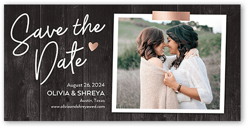Wooden Moments Save The Date, Grey, 4x8 Flat, Pearl Shimmer Cardstock, Square, Charcoal