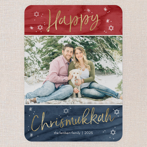 Rustic Chrismukkah Hanukkah Card, Blue, 5x7 Flat, Hanukkah, Pearl Shimmer Cardstock, Rounded, Navy