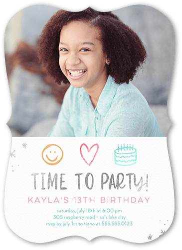 A Time To Party Birthday Invitation, White, 5x7 Flat, Pearl Shimmer Cardstock, Bracket