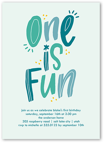 One Is Fun Birthday Invitation, Blue, 5x7 Flat, Standard Smooth Cardstock, Square