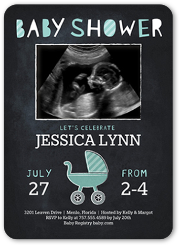 Happy Buggy Boy Baby Shower Invitation, Grey, Pearl Shimmer Cardstock, Rounded