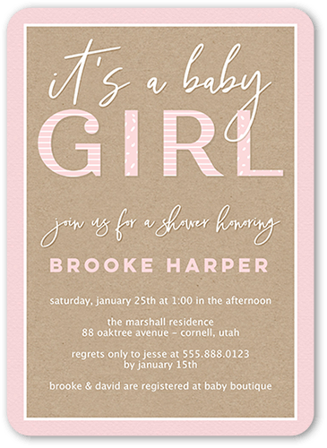 Classic Shower Girl Baby Shower Invitation, Pink, 5x7 Flat, Pearl Shimmer Cardstock, Rounded