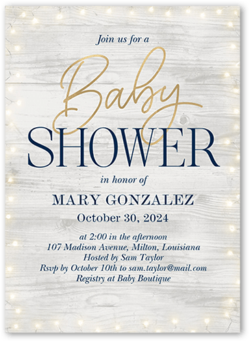 Framed Rustic Lights Baby Shower Invitation, Blue, 5x7 Flat, 100% Recycled Cardstock , Square, Navy
