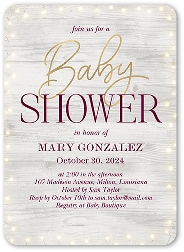 Framed Rustic Lights Baby Shower Invitation, Purple, 5x7 Flat, 100% Recycled Cardstock , Rounded, Merlot