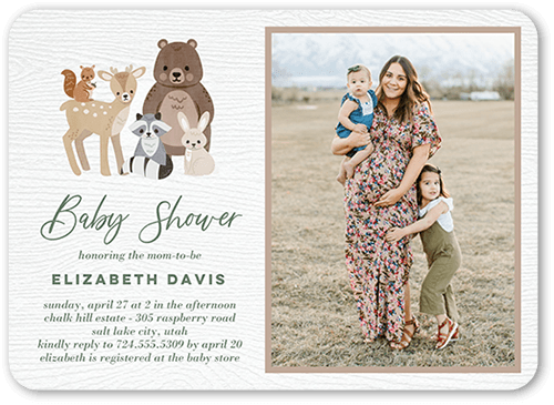 Little Woodlands Baby Shower Invitation, White, 5x7 Flat, Pearl Shimmer Cardstock, Rounded