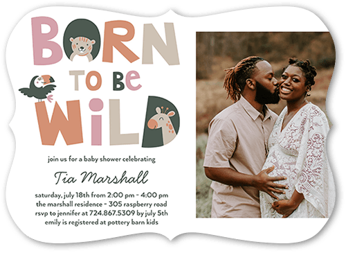 Born Wild Baby Shower Invitation, Pink, 5x7 Flat, Pearl Shimmer Cardstock, Bracket