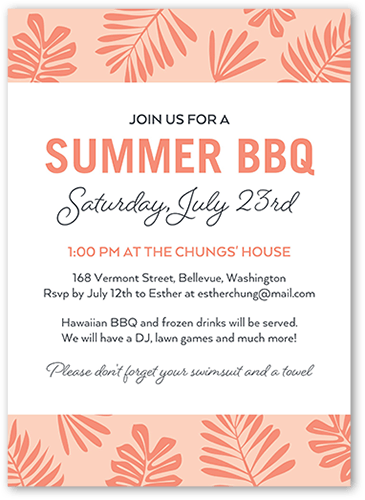 Simple Barbecue Summer Invitation, Pink, 5x7 Flat, Pearl Shimmer Cardstock, Square, Salmon