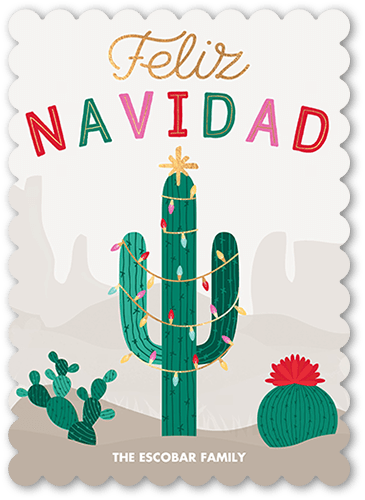 Festive Cactus Tarjeta de Navidad, Beige, 5x7 Flat, Feliz Navidad, Pearl Shimmer Cardstock, Scallop