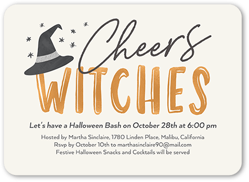 Cheers Witches Halloween Invitation, Beige, 5x7 Flat, Pearl Shimmer Cardstock, Rounded, Cream
