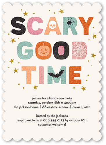 Scary Good Time Halloween Invitation, Beige, 5x7 Flat, Pearl Shimmer Cardstock, Scallop