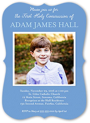 Perfectly Framed Boy Communion Invitation, Blue, Pearl Shimmer Cardstock, Bracket