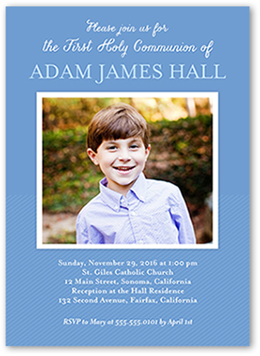 Perfectly Framed Boy Communion Invitation, Blue, Pearl Shimmer Cardstock, Square, Periwinkle