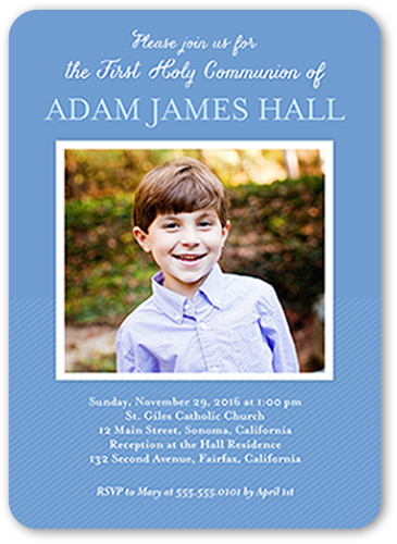 Perfectly Framed Boy Communion Invitation, Blue, Pearl Shimmer Cardstock, Rounded, Periwinkle