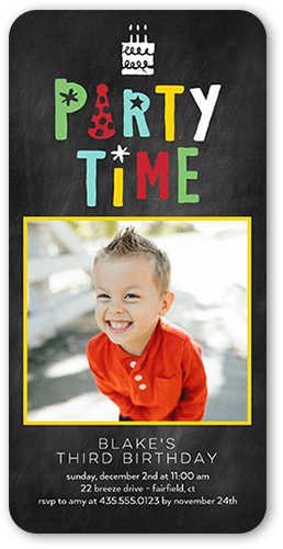 Whimsical Party Time Birthday Invitation, Grey, 4x8 Flat, Signature Smooth Cardstock, Rounded