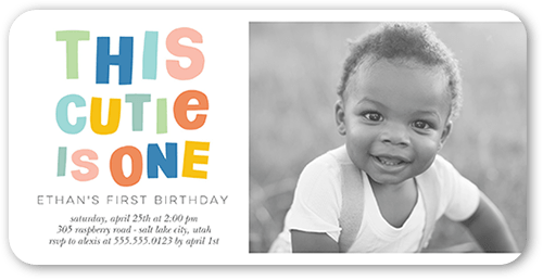 This Cutie Birthday Invitation, Blue, 4x8 Flat, Pearl Shimmer Cardstock, Rounded