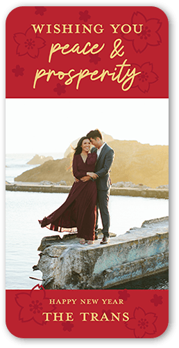 Peace Flowers Lunar New Year Card, Red, 4x8 Flat, Standard Smooth Cardstock, Rounded, Cherry