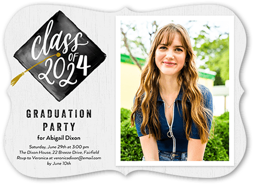 Cap Tassel Graduation Invitation, Gray, 5x7 Flat, Pearl Shimmer Cardstock, Bracket