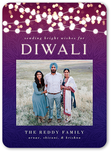 Shining String Lights Diwali Card, White, 5x7 Flat, Pearl Shimmer Cardstock, Rounded, White