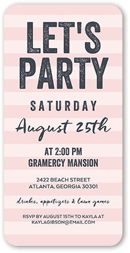 Striped Bash Party Invitation, Pink, 4x8 Flat, Standard Smooth Cardstock, Rounded