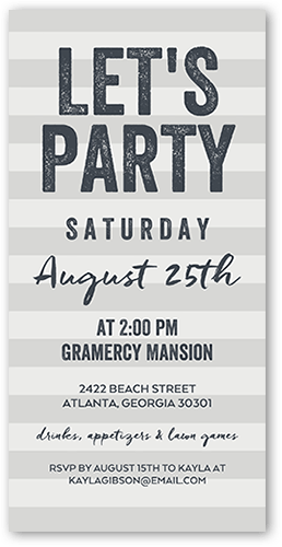 Striped Bash Party Invitation, Grey, 4x8 Flat, Pearl Shimmer Cardstock, Square, Silver Lining