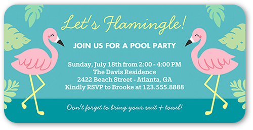 Lets Flamingle Summer Invitation, Blue, 4x8 Flat, 100% Recycled Cardstock , Rounded, Majorca