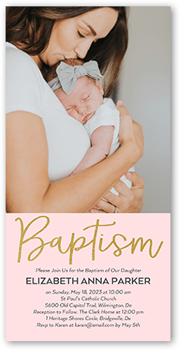 Refined Script Girl Baptism Invitation, Pink, 4x8 Flat, 100% Recycled Cardstock , Square