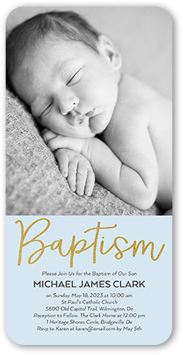 Refined Script Boy Baptism Invitation, Blue, 4x8 Flat, Pearl Shimmer Cardstock, Rounded, Heaven