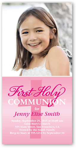Heavenly Cross Girl Communion Invitation, Pink, Pearl Shimmer Cardstock, Square