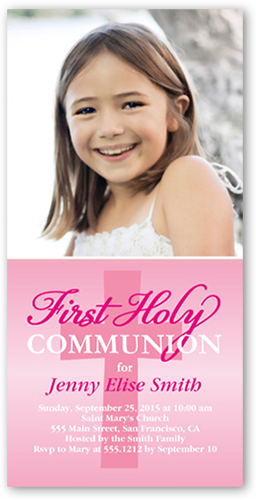 Heavenly Cross Girl Communion Invitation, Pink, Standard Smooth Cardstock, Square