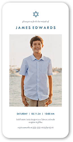 Simple Star Bar Mitzvah Invitation, White, 4x8 Flat, Pearl Shimmer Cardstock, Rounded, White