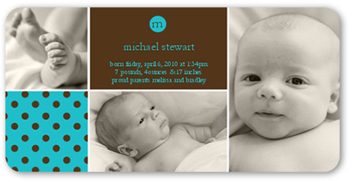 Andante Dots Cerulean Birth Announcement, Brown, Signature Smooth Cardstock, Rounded