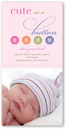 Button Pink Birth Announcement, Pink, Pearl Shimmer Cardstock, Square