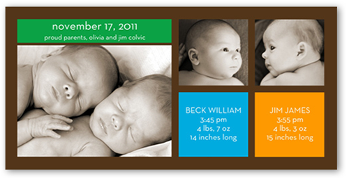 Modern Twin Boys Birth Announcement, Multicolor, 100% Recycled Cardstock ?, Square