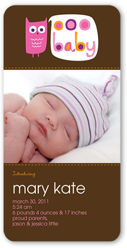 Whoo's That Pink Birth Announcement, Brown, Pearl Shimmer Cardstock, Rounded
