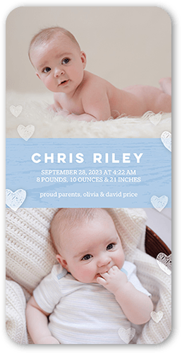 Gentle Hearts Birth Announcement, Blue, 4x8 Flat, Signature Smooth Cardstock, Rounded