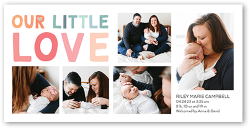 Fun Little Love Birth Announcement, White, 4x8 Flat, Pearl Shimmer Cardstock, Square