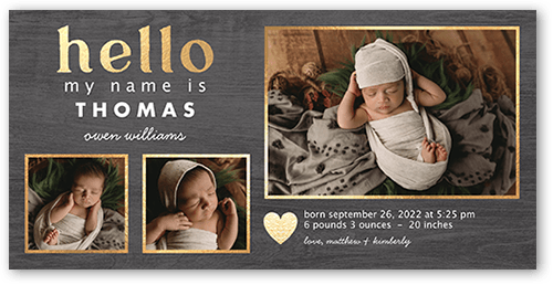 Rustic Newborn Birth Announcement, Grey, 4x8 Flat, Pearl Shimmer Cardstock, Square, Smoke