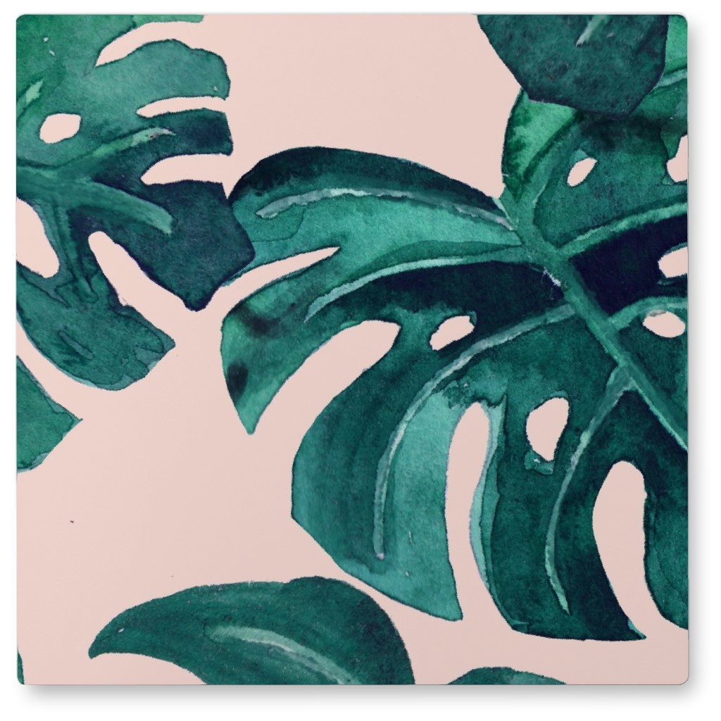 Watercolor Monstera Leaves - Green on Blush Pink Photo Tile, Metal, 8x8, Green