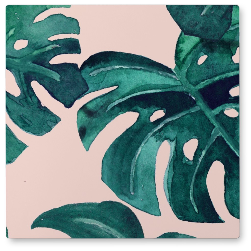 Watercolor Monstera Leaves - Green on Blush Pink Photo Tile, Metal, 8x8, Green, Classic Green